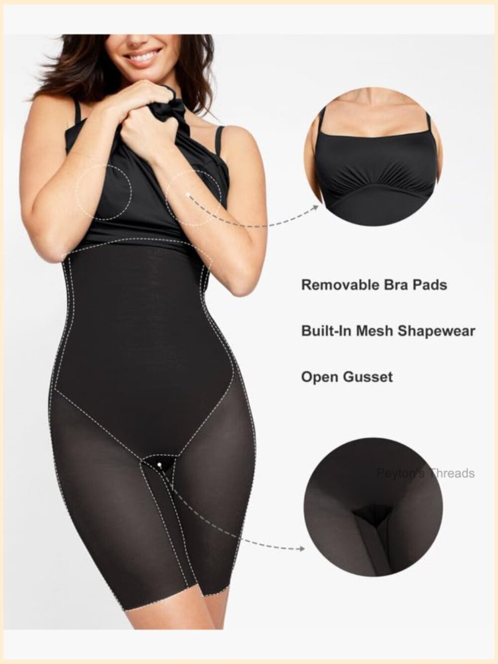 Shapewear Dress Built-in Bra Adjustable Straps Square Neck A-Line Midi Slip - Picture 3 of 7